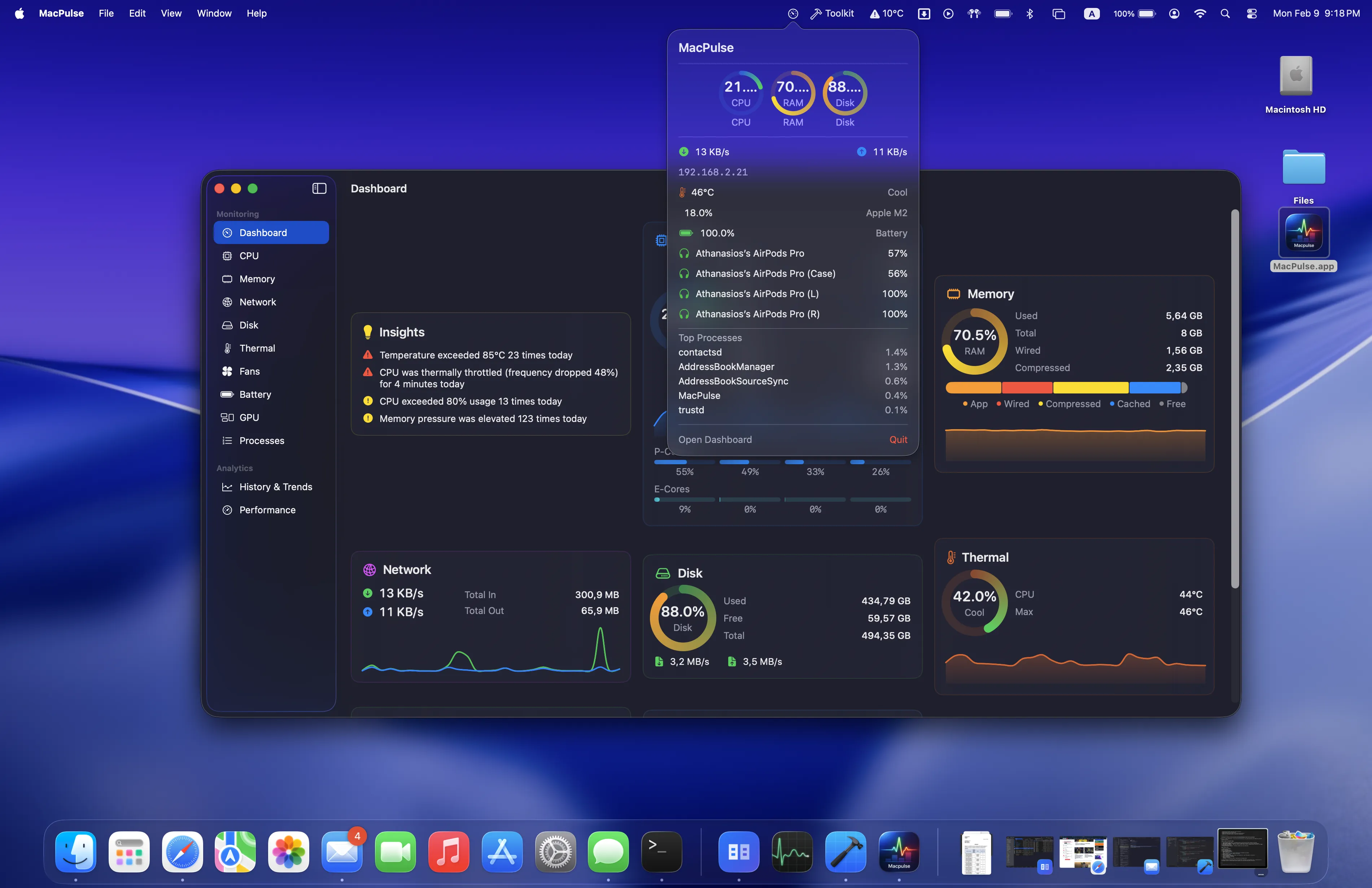MacPulse menu bar popover showing system overview with CPU, Memory, Disk gauges, Network throughput, Thermal status, GPU, and Bluetooth device batteries